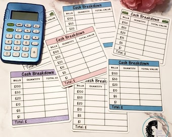 Cash Breakdown Card / Laminated Bank Teller Slips / Cash Withdrawal Slips / Budget Binder / Cash Envelope System / Money Withdrawal Slip