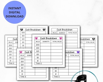 Cash Breakdown Card / Printable Bank Teller Slips / Cash Withdrawal Slips / Budget Binder / Cash Envelope System / Money Withdrawal Slip