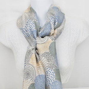 Cream/Blue Long Silk Scarf, Women&#39;s Pure Silk Scarf 155cm x 50cm