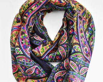 小物 paisley pattern long stole Denim Blue Silk Scarf Paisley Print Long Scarf Silk Bandanas