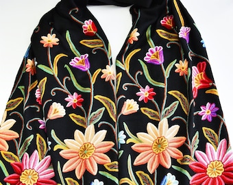 Hand Embroidered Wool Shawl: Black Floral Pashmina Wrap
