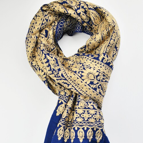 Navy Blue pure fine wool Scarf, shops Gold thread Embroidered Shawl, Beautiful Paisley and floral Design Stole/Wrap 28