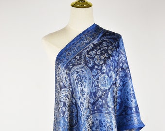 Eleganter Blauer Seidenschal, Feiner Seidenschal, Luxus Seidenstola, Geschenk für Frau, 60 x 20 zoll
