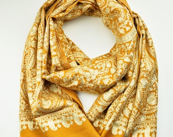 Mustard Woolen Birthday Gift Scarf, Bohemian Scarves Gold Embroidered Stunning wrap/ Shawl/Stole pashmina 200cm x 70cm