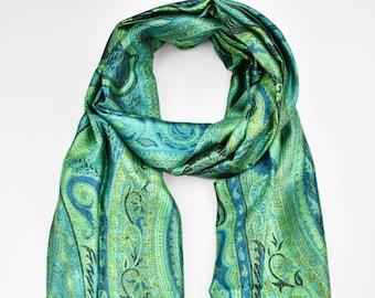 Blaugrün/Schwarzer, wendbarer Jamawar-Schal/Stola/Schal/Wickeltuch/Pashmina aus reiner Seide im Paisley-Design, 55,9 x 203,2 cm