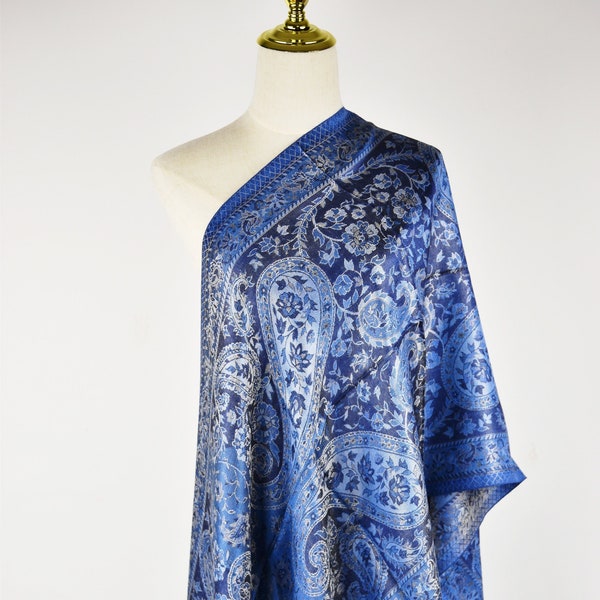 Elegant Blue Silk Scarf, Fine Silk Wrap, Luxury Silk Stole, Gift for Wife, 22"x 80" inches