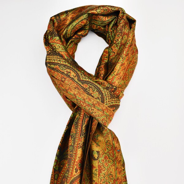 Black Gold Silk Wrap, Designer Silk Scarf, Jamawar Silk Stole, Gift For Her 22"X80" inches