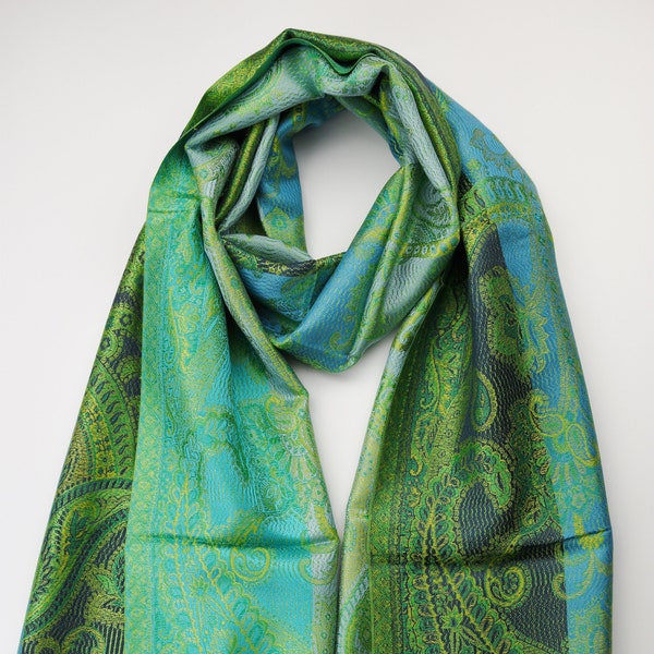 Elegant Green Paisley Silk Scarf Wedding Festival Wrap Emerald Green Stole Shawl 28x80 Inches