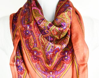 Brown Pink Stunning Scarf, Square Silk Scarf, Foulard Soie