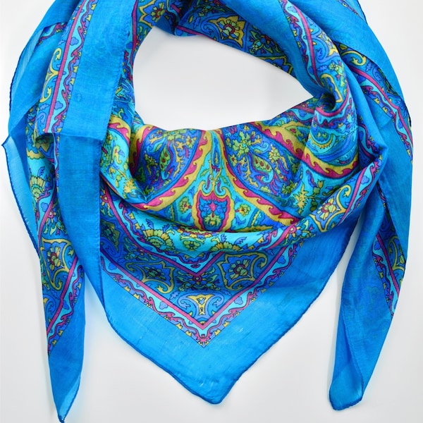 Elegant Turquoise Silk Scarf, Summer Silk Scarf, Foulard Soie, Gift for Her, Wrap 40"x40Inches