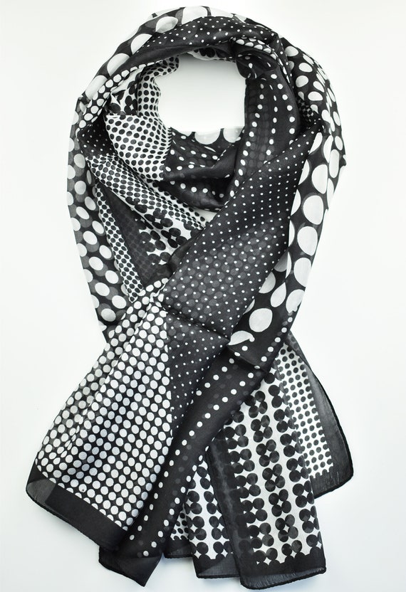 Black White Silk Scarf Silk Designer Scarf Boho Scarf Gift for Mom Wrap 155cm X 50cm Etsy Canada