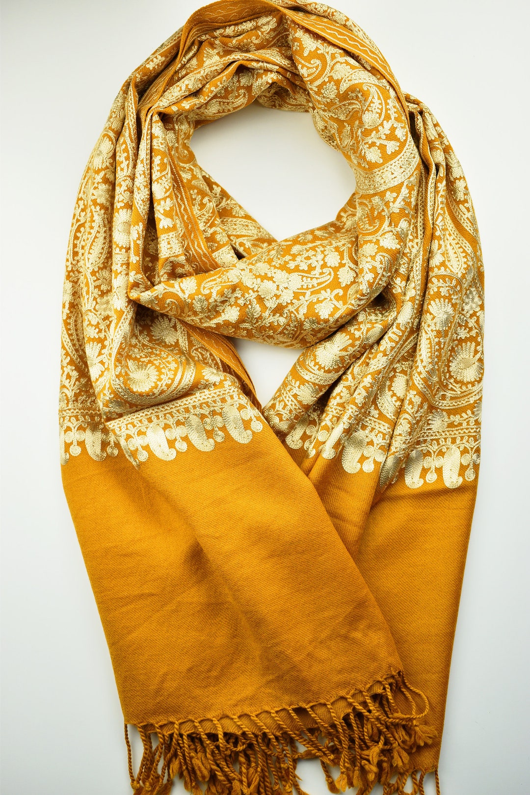 Mustard Woolen Birthday Gift Scarf, Bohemian Scarves Gold Embroidered