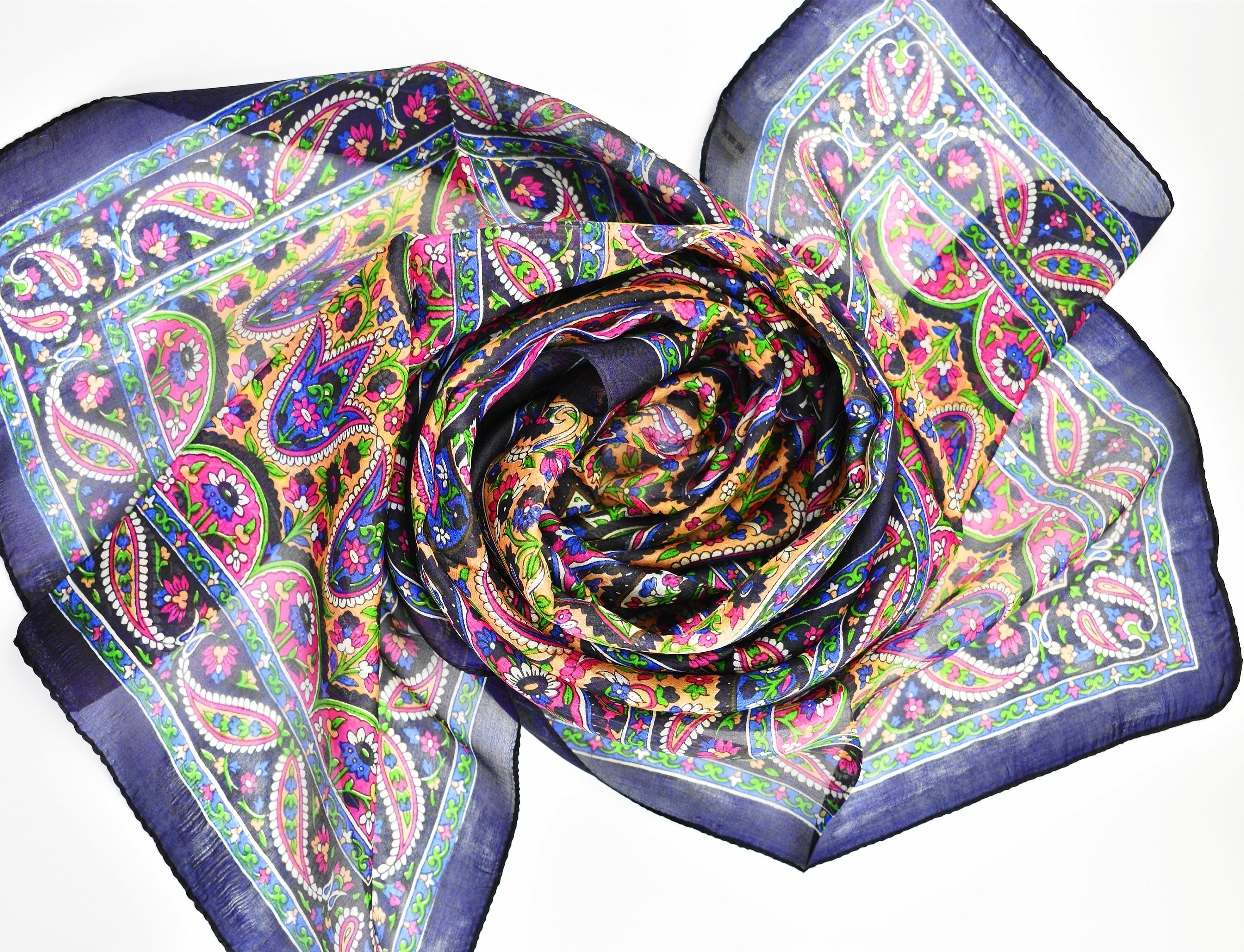 Denim Blue Silk Scarf Paisley Print Long Scarf Silk Bandanas