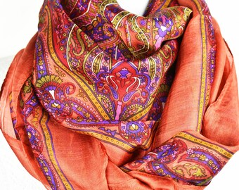 Brown Pink Stunning Scarf, Square Silk Scarf, Foulard Soie