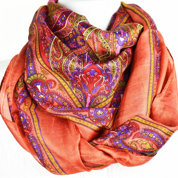 Brown Pink Stunning Scarf, Square Silk Scarf, Foulard Soie