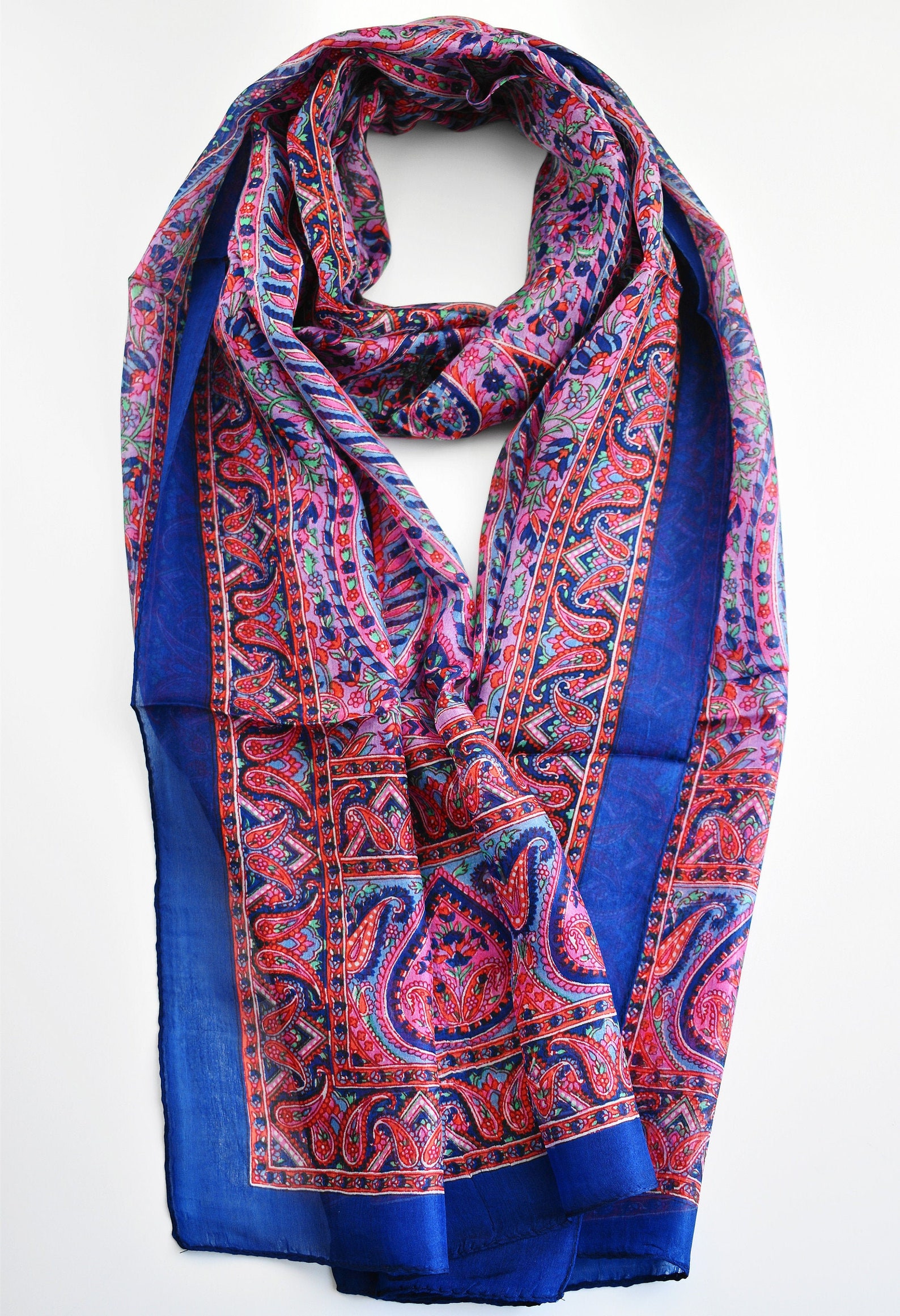 Blue Silk Scarf Paisley Silk Scarf Print Long Scarf Silk Etsy