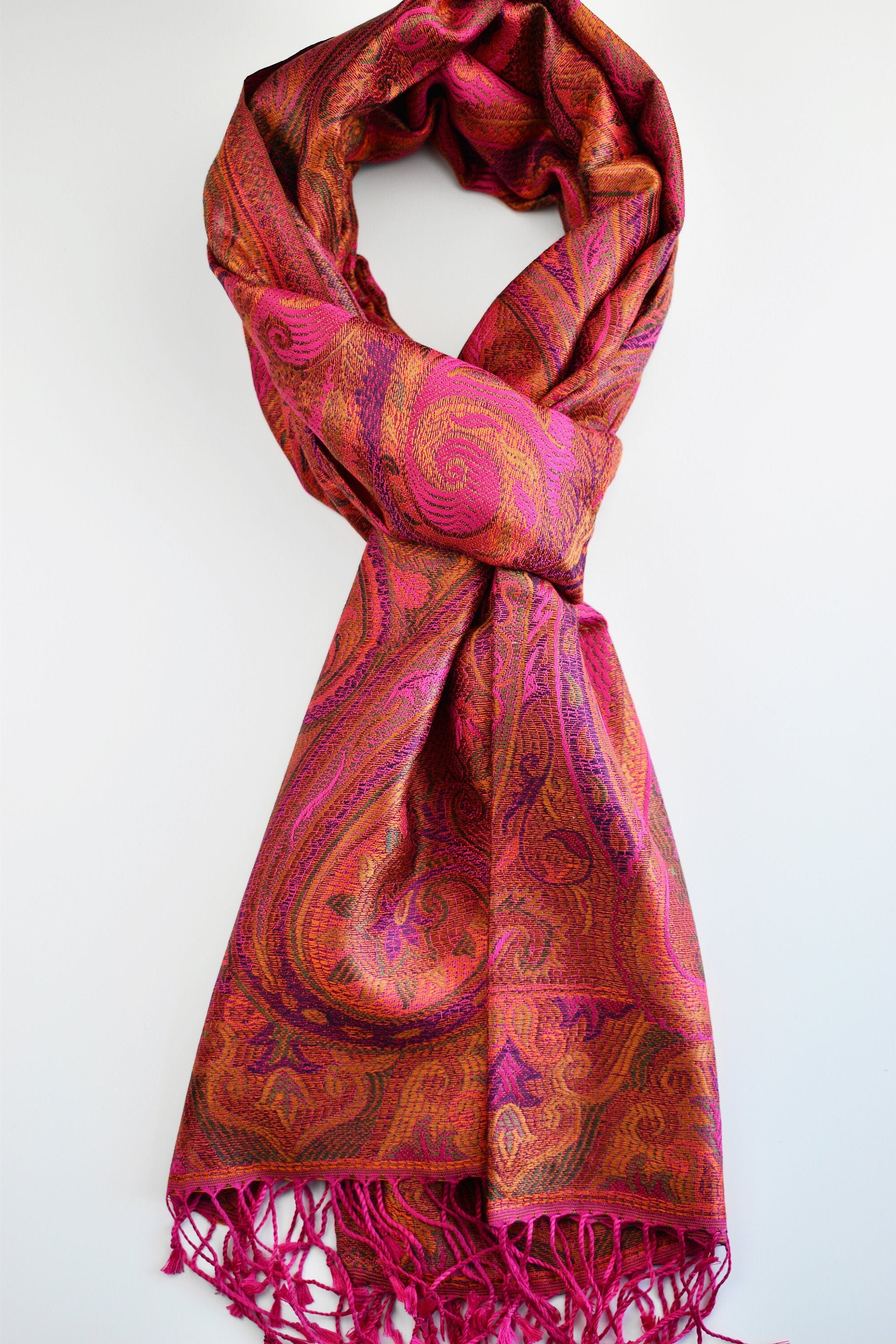 Paisley Silk Scarf: Pink Orange Woven Shawl, Kashmir Stole - Etsy
