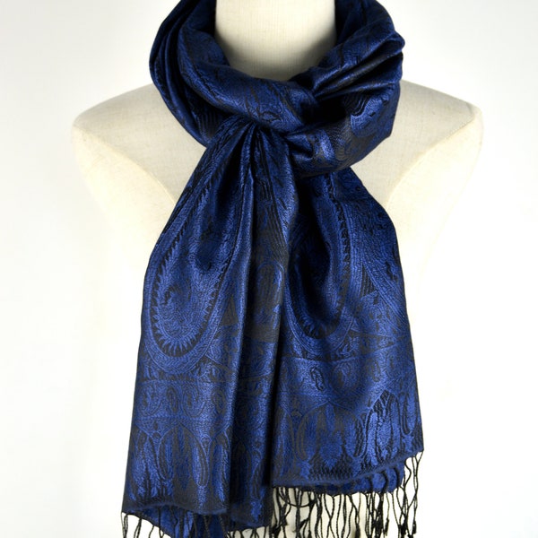 Navy Silk Scarf, Unisex Silk Wrap, Elegant Reversible Pure Silk Scarf, Wrap, Pashmina  22"x80" inches