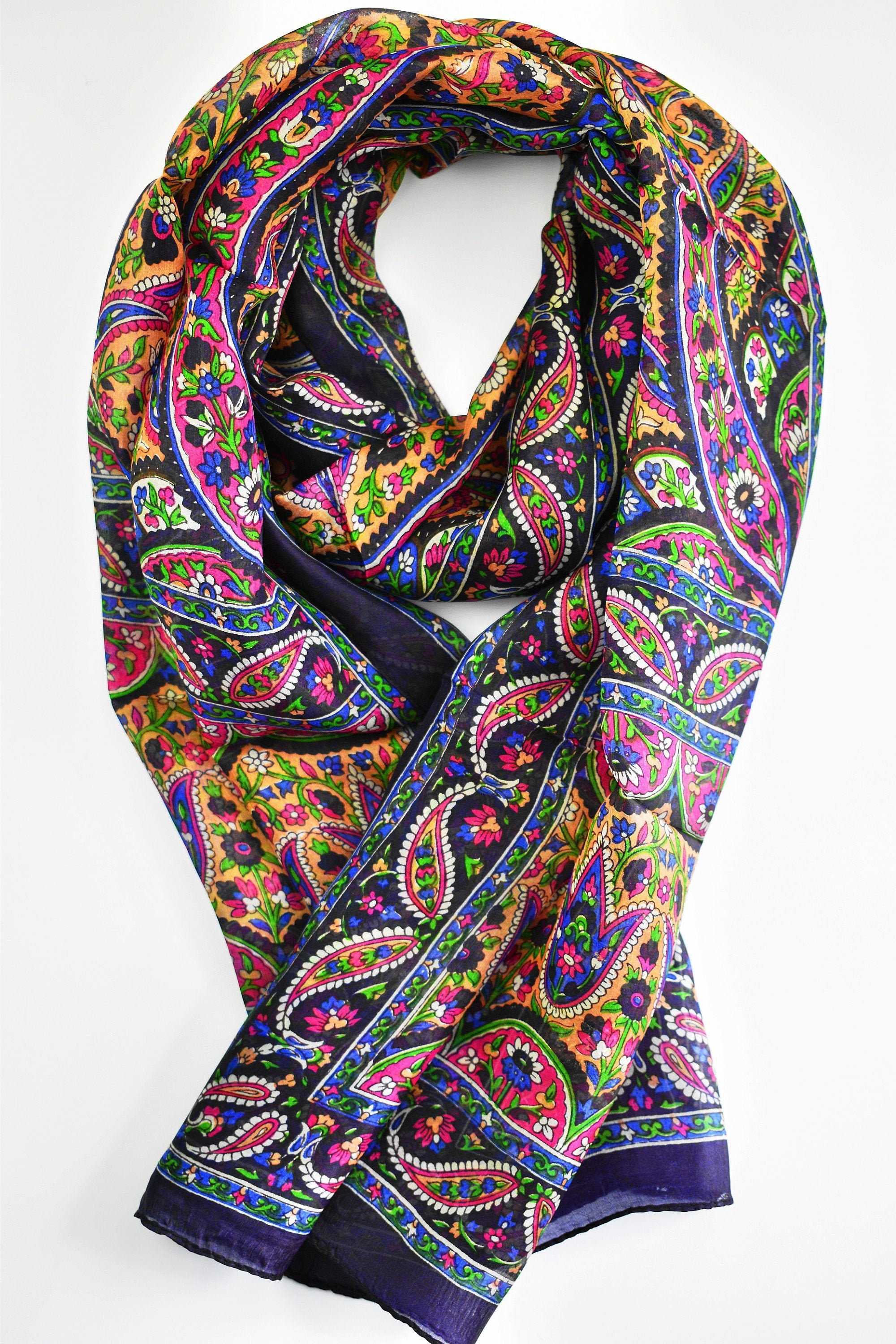 【COLOR iN ID】Paisley scarf set denim Denim Blue Silk Scarf Paisley Print Long Scarf Silk Bandanas