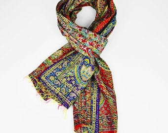 Vintage Silk Saree Scarf: Hand-Stitched Kantha Bohemian Wrap