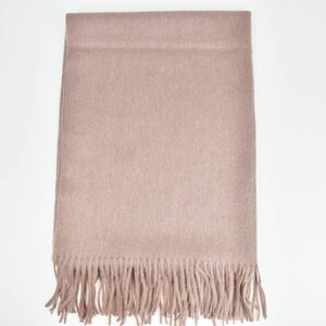 May include: A soft, light brown scarf with a fringed edge.