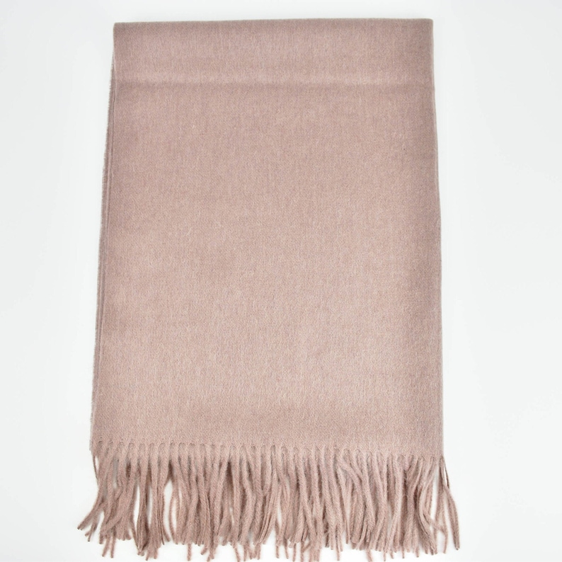 May include: A soft, light brown scarf with a fringed edge.