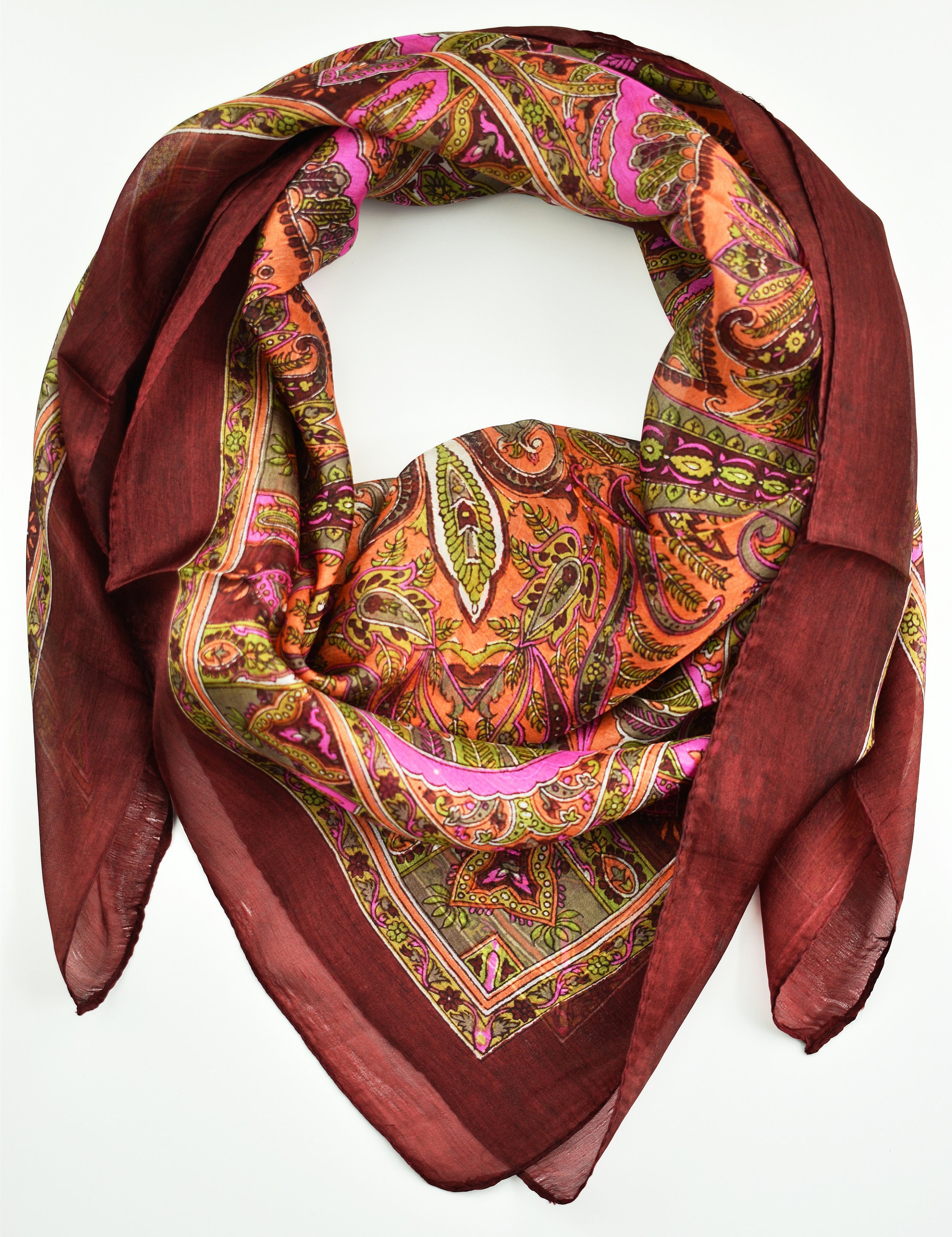 ★HILLDA★ Bohemian Paisley Scarf Pink 24FWSF2 Brown Pink Stunning Scarf, Square Silk Scarf, Foulard Soie