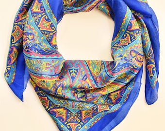 Elegant Blue Silk Scarf, Summer Silk Scarf, Foulard Soie, Gift for Her, Wrap 40"x40Inches