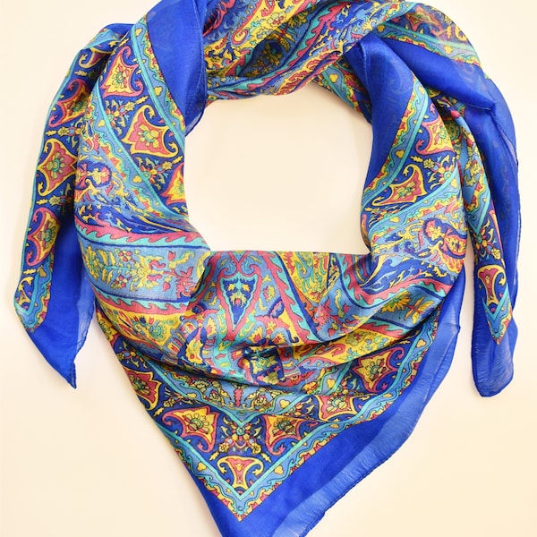 Elegant Blue Silk Scarf, Summer Silk Scarf, Foulard Soie, Gift for Her, Wrap 40"x40Inches