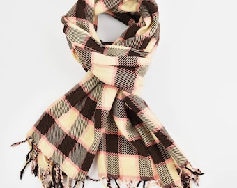 Cream & Pink Plaid Wool Scarf: Thick Woven Stole