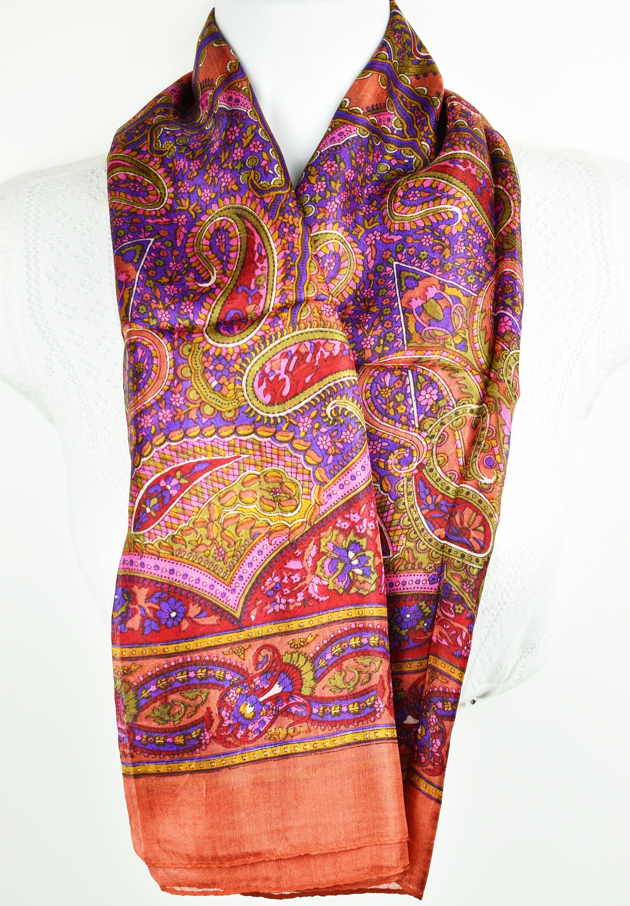 ★HILLDA★ Bohemian Paisley Scarf Pink 24FWSF2 Brown Pink Stunning Scarf, Square Silk Scarf, Foulard Soie