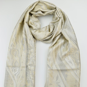 Ivory Beige Pure Silk Women&#39;s Jammawar Scarf/ Gift for Mother&#39;s shawl/Stole/Wrap 22&quot;x80&quot;inches