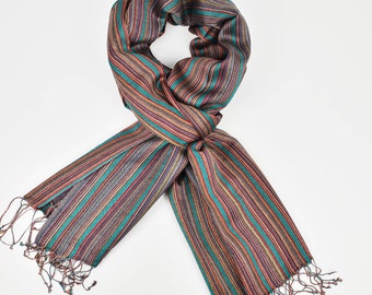 Green/Multicoloured Stripy Reversible Classy Silk-Wool pashmina/Scarf/Wrap/Stole/Shawl 28"x80" inches