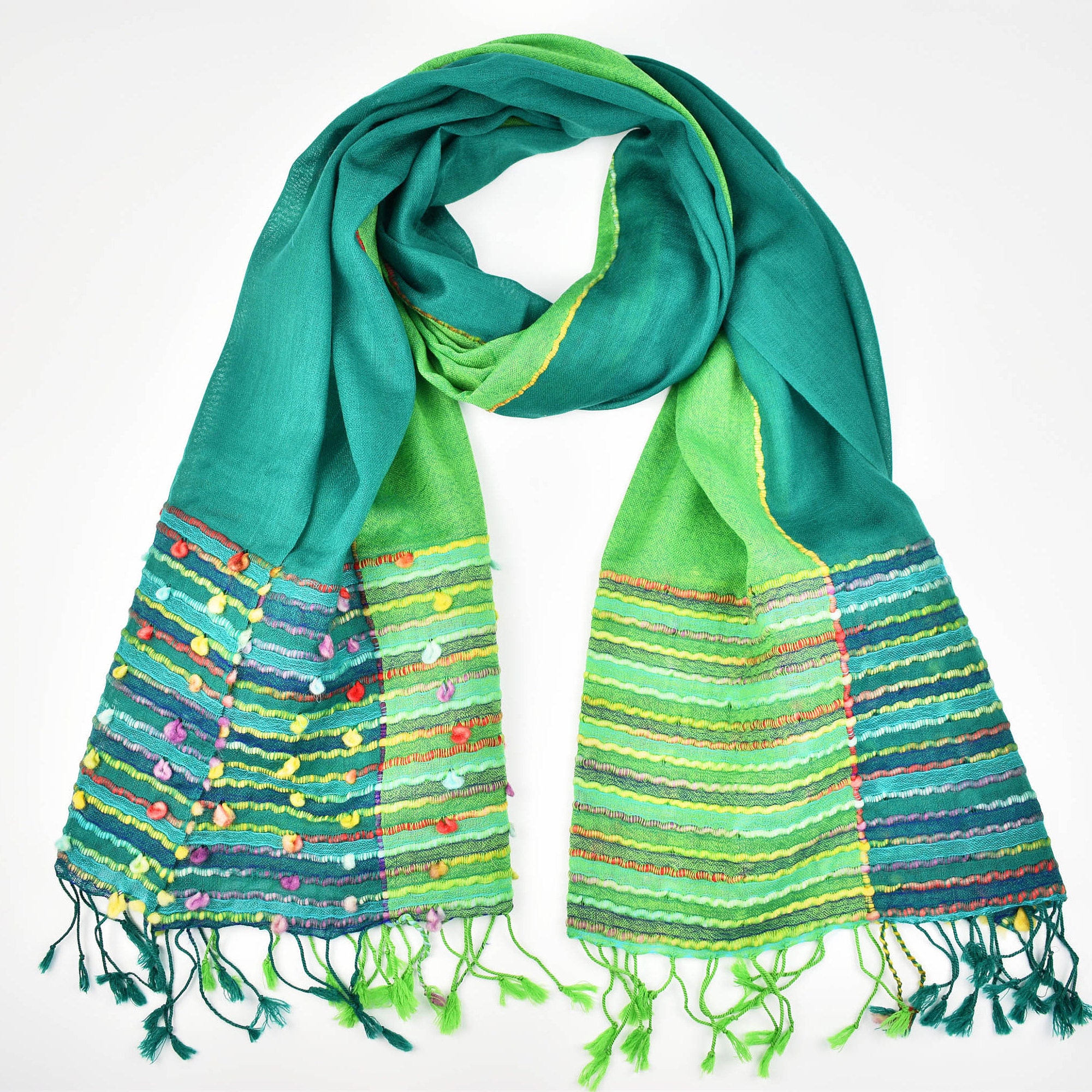 Très grande et douce étole verte en laine pour femme | Motif fleuri spectaculaire
