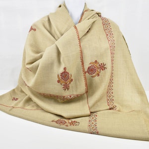 Luxurious Kashmir Sozni Shawl, Evening Shawl, Wedding Shawl, Hand Embroidered, Khaki Beige Shawl 215cm x 105cm