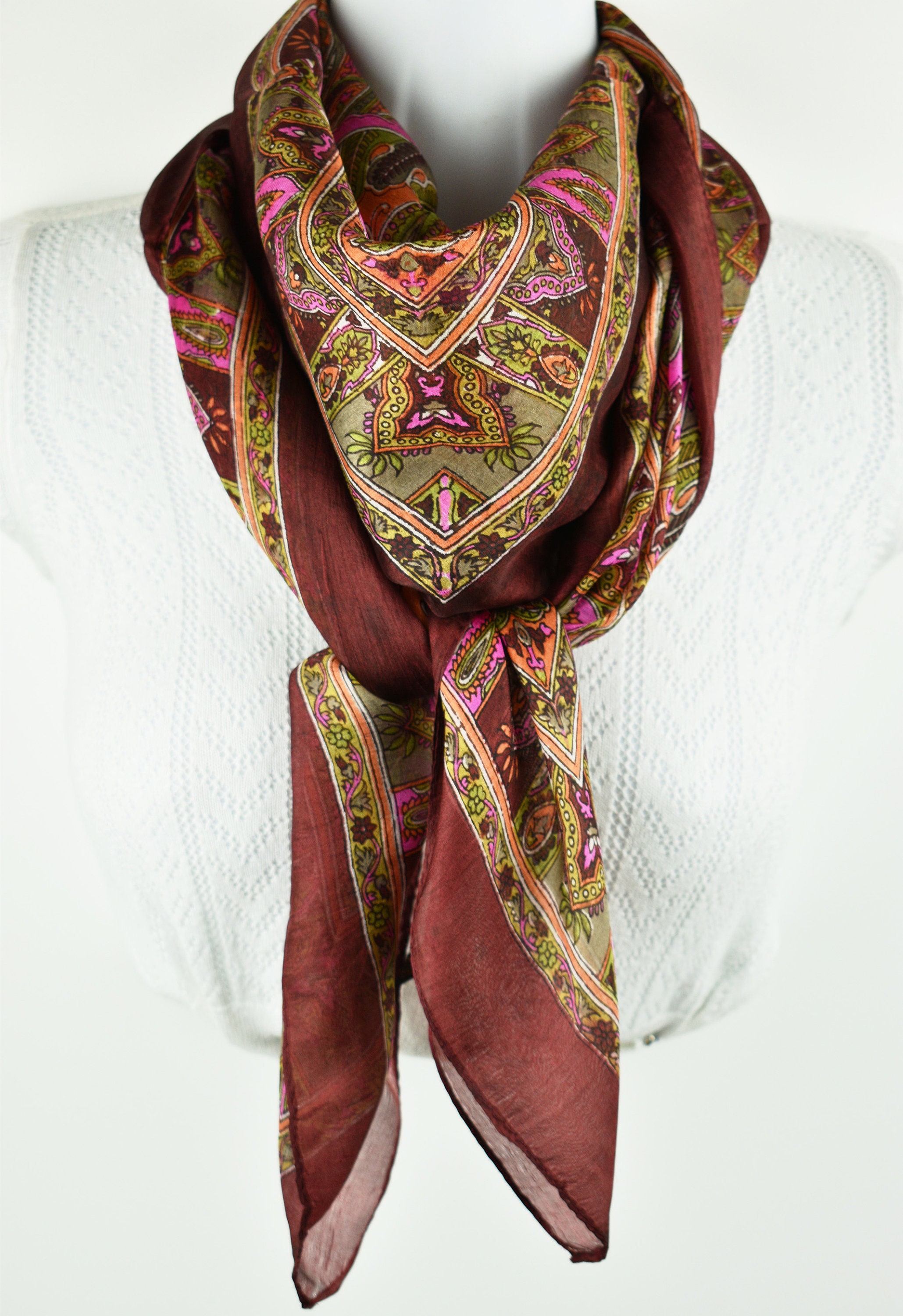 【HILLDA】 Bohemian Paisley Scarf Pink/Khaki Brown Pink Stunning Scarf, Square Silk Scarf, Foulard Soie