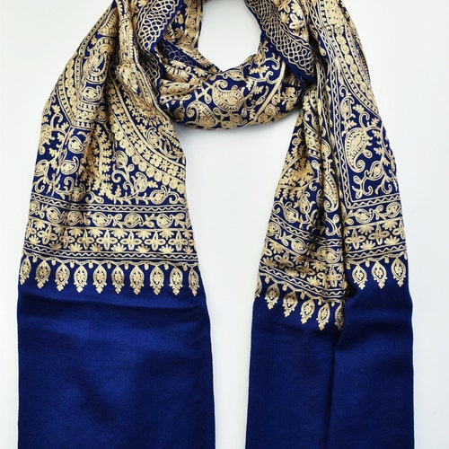 Navy Blue pure fine wool Scarf, shops Gold thread Embroidered Shawl, Beautiful Paisley and floral Design Stole/Wrap 28