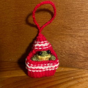 Puede incluir: Un pequeño adorno de punto en forma de calcetín rojo y blanco con una rana verde en su interior. El adorno tiene un lazo en la parte superior para colgarlo.