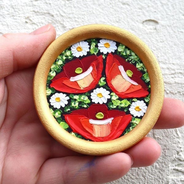 Poppy Floral Art Original Oil Painting Round Miniature Flowers Red Poppies Artwork