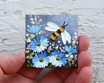 Bee Mini Painting on Cornflowers Flower Painting Small Artwork Impasto Miniature Wall Art Honey bee 2х2 in