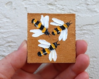 Bee Painting Artwork Bumblebee Miniature Oil Painting Impasto Original Mini Wall Art Honey bee Square Painting 2 x 2 in