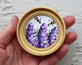 Bee Painting Mini Original Purple Art Honey Bee Artwork Lilac Flower Bumblebee Wall Art Oil Painting Impasto Floral Art  2.2x 2.2in