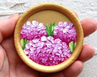 Hydrangea Oil Painting Pink Flowers Original Art Miniature Round Impasto Artwork 2.4х2.4 in