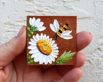 Bee on Daisy Painting Mini Original Art Honey Bee Miniature Artwork Daisy Flower Bumblebee Wall Art Oil Painting Impasto Art  2 x 2 in