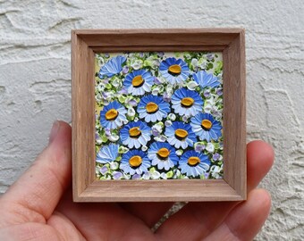 Forget-me-nots Mini Oil Painting Blue Flower Small Artwork Miniature Art Painting Framed Impasto Original Wall Art 2.4х2.4 in by Gushcha