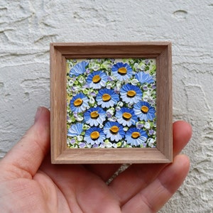 Forget-me-nots Mini Oil Painting Blue Flower Small Artwork Miniature Art Painting Framed Impasto Original Wall Art 2.4х2.4 in by Gushcha