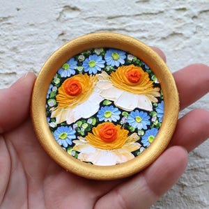 Yellow Roses Oil Painting Round Artwork Impasto Original Mini Wall Art 2.4х2.4 in