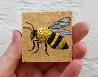 Bee Oil Painting Small Artwork Square Miniature Impasto Original Mini Wall Art Honey bee Painting 2 x 2 in