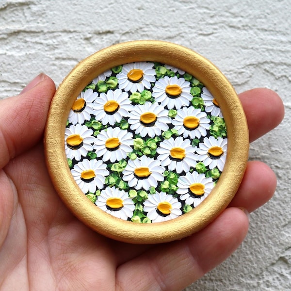 Daisy Oil Painting Round Miniature Original Floral Art White Flowers Artwork Hand painted