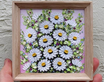 Daisy Painting Impasto Floral Art Small Oil Miniature Painting Square White Flowers Original Artwork Home Wall Art Wall Decor